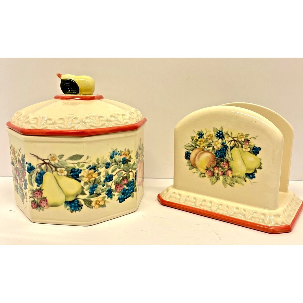 Vintage Avon Sweet Country Harvest Jar; Napkin Holder & Candle Fruit Kitchen Set